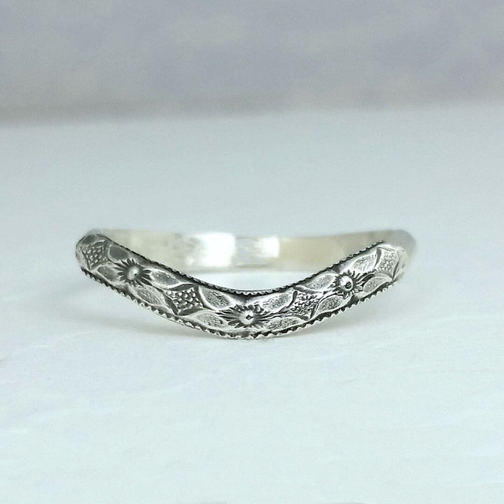 Edwardian inspired floral curved wedding band in sterling silver