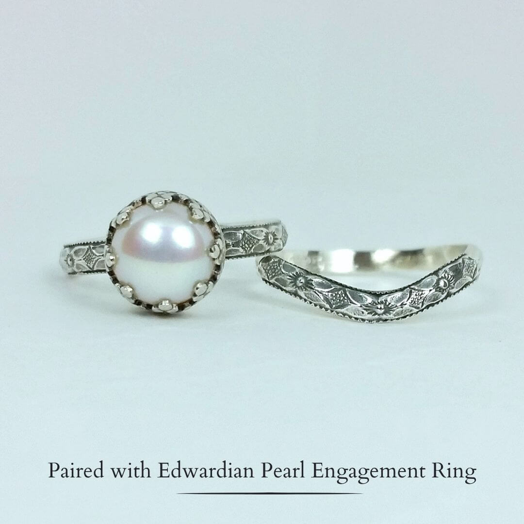Edwardian inspired vintage style pearl engagement ring and matching curved wedding band in sterling silver