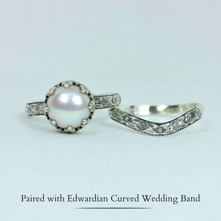 Edwardian inspired vintage style pearl engagement ring and matching curved wedding band in sterling silver