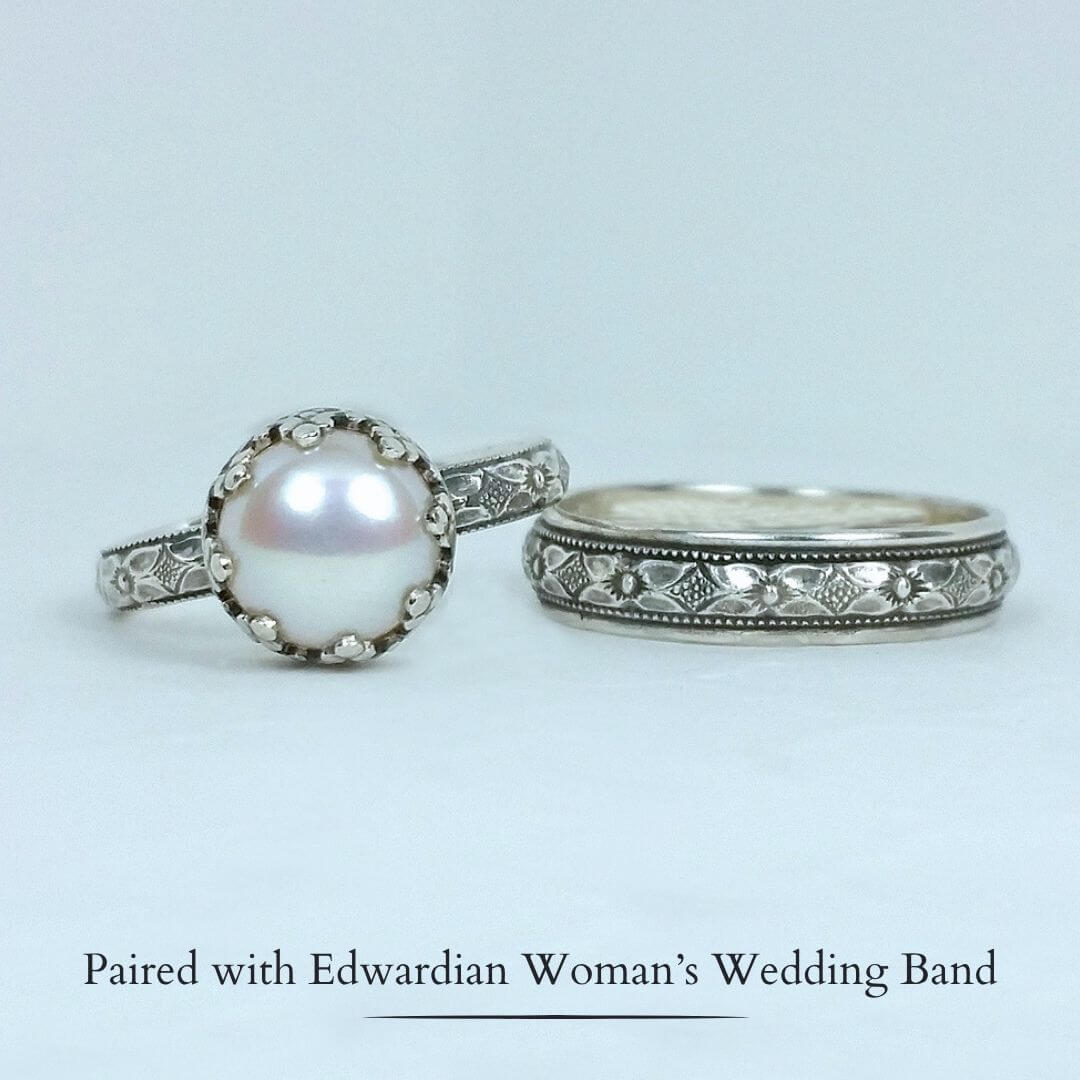 Edwardian inspired vintage style pearl engagement ring and matching wedding band in sterling silver