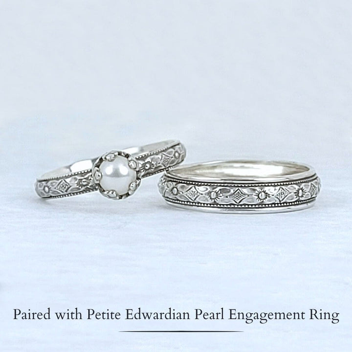 petite Edwardian pearl engagement ring and matching vintage style wedding band in sterling silver