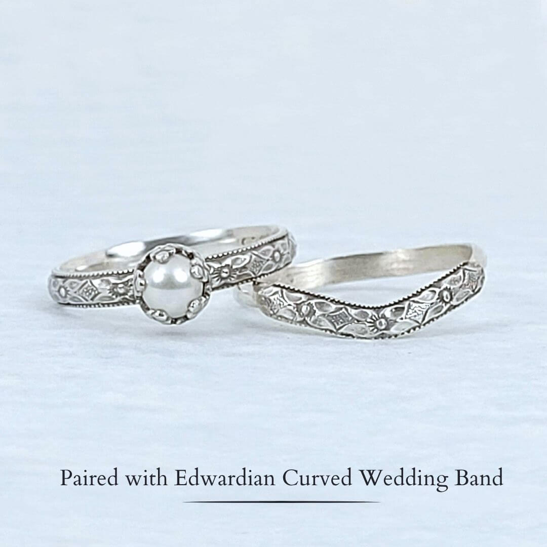 Petite Edwardian Style Pearl Engagement Ring and Curved Wedding Band Set in sterling silver