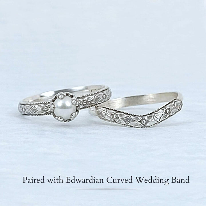 Petite Edwardian Style Pearl Engagement Ring and Curved Wedding Band Set in sterling silver