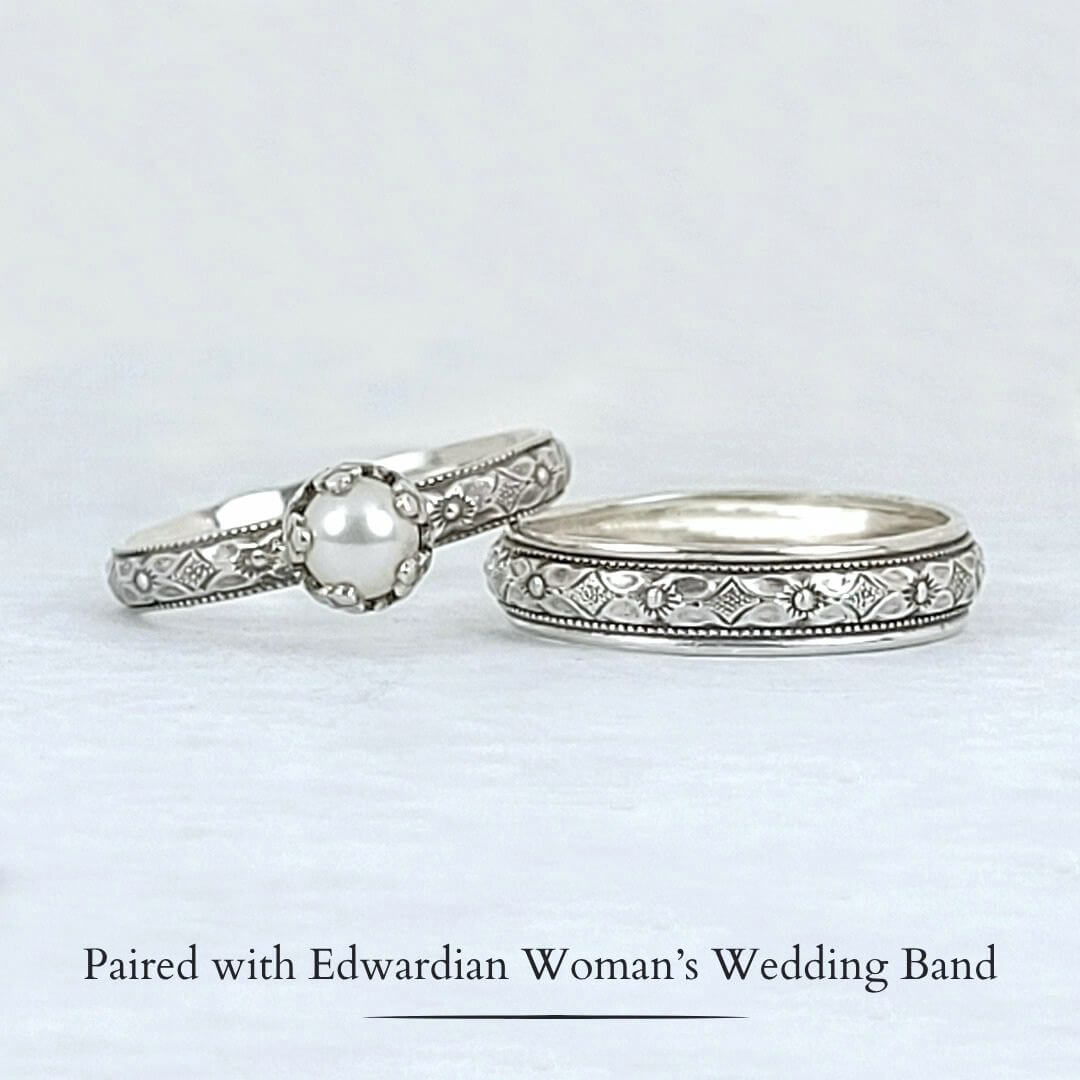 Edwardian-inspired petite pearl engagement ring with matching wedding band set sterling silver Kryzia Kreations