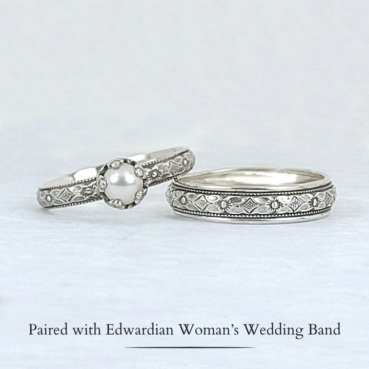 Edwardian-inspired petite pearl engagement ring with matching wedding band set sterling silver Kryzia Kreations