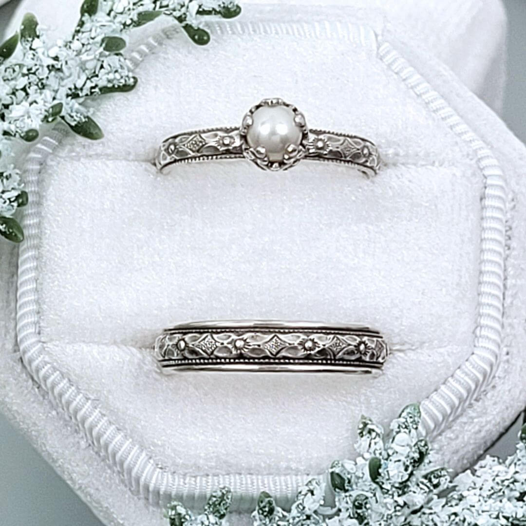 Edwardian inspired vintage style pearl engagement ring wedding band set in sterling silver 