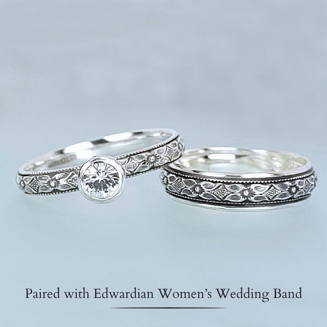 Edwardian-inspired vintage style white sapphire engagement ring and matching wedding band set in sterling silver