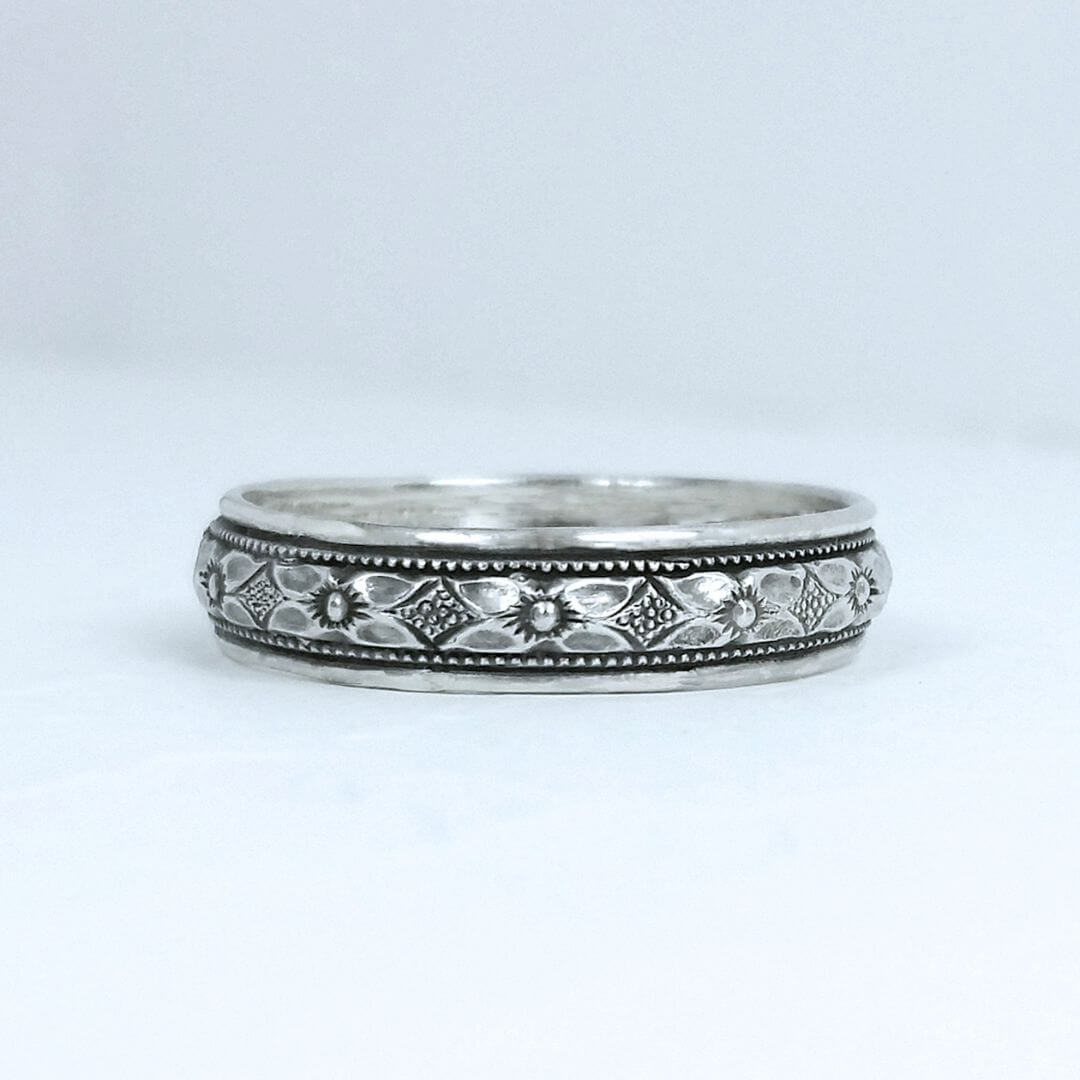 Edwardian inspired vintage style women's floral wedding band in Sterling Silver