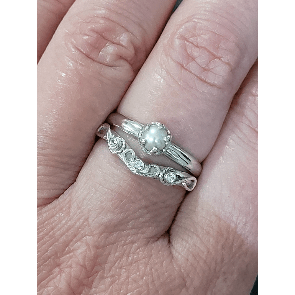 Sterling silver pearl engagement ring and vintage style white sapphire curved wedding band set