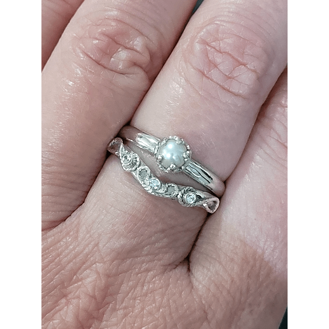 Sterling silver pearl engagement ring and vintage style white sapphire curved wedding band set