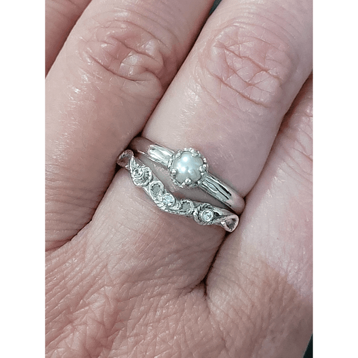 Sterling silver pearl engagement ring and vintage style white sapphire curved wedding band set