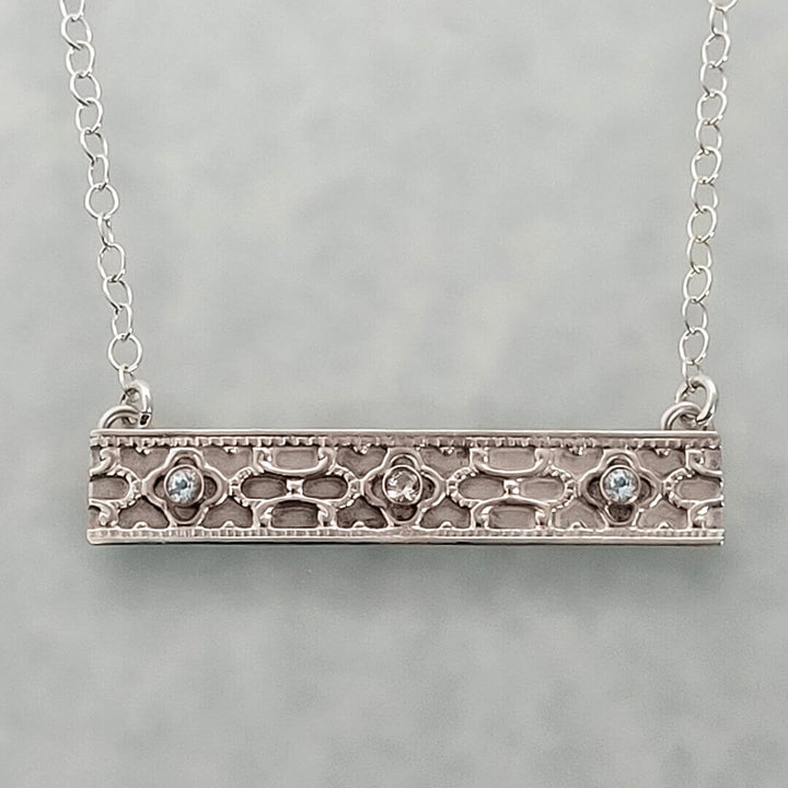 Vintage Style Sterling Silver Bar Necklace with White Sapphire and Blue Topaz