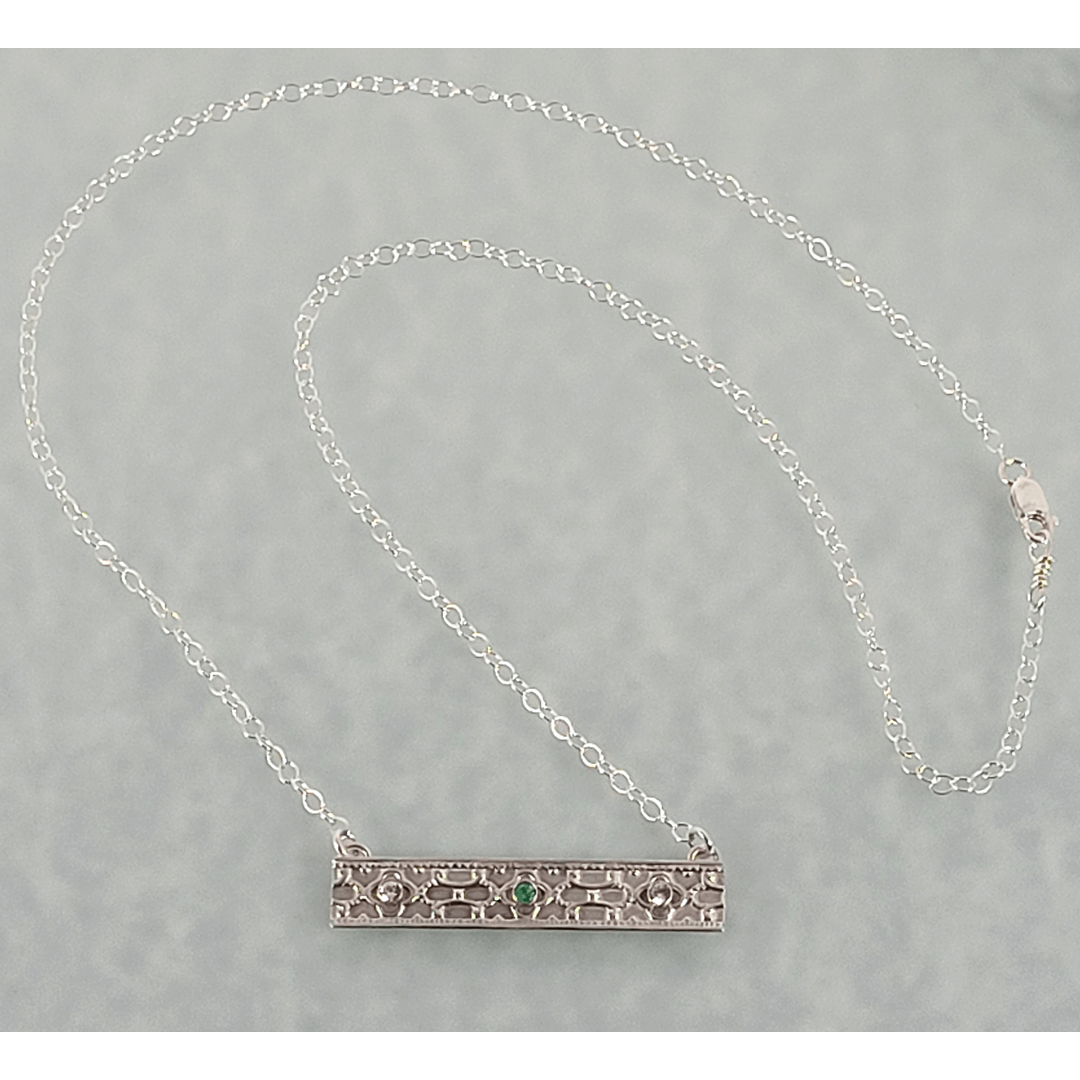 Vintage Style Sterling Silver Bar Necklace with Emerald and White Sapphires