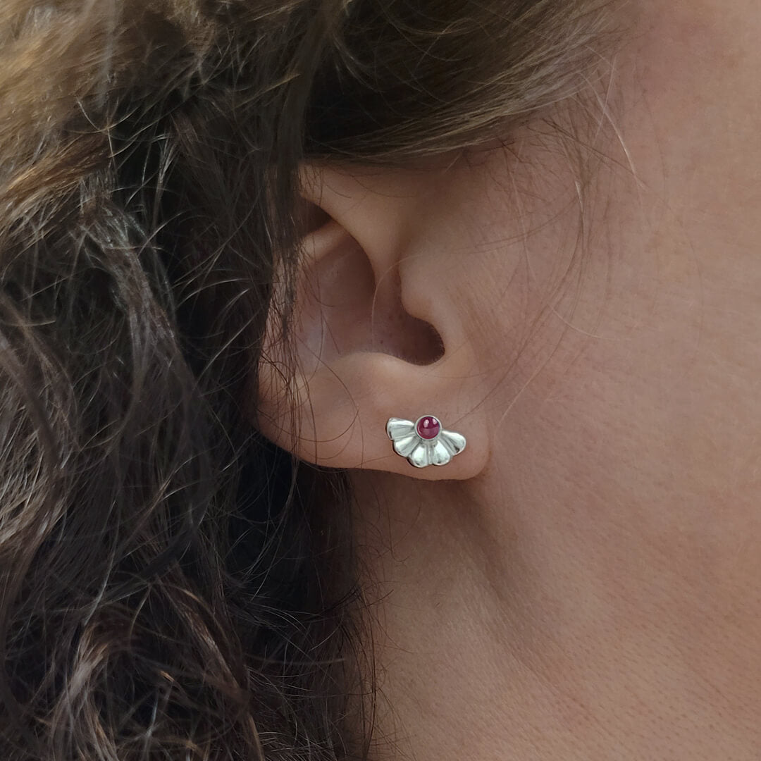 Art Deco Fan Ruby Stud Earrings in Sterling Silver