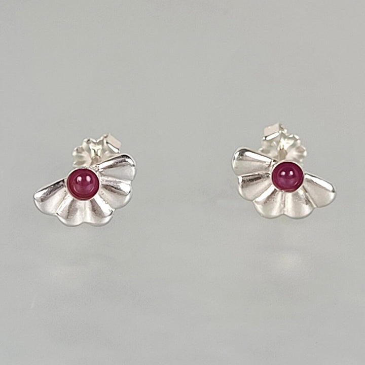 Art Deco Fan Ruby Stud Earrings in Sterling Silver