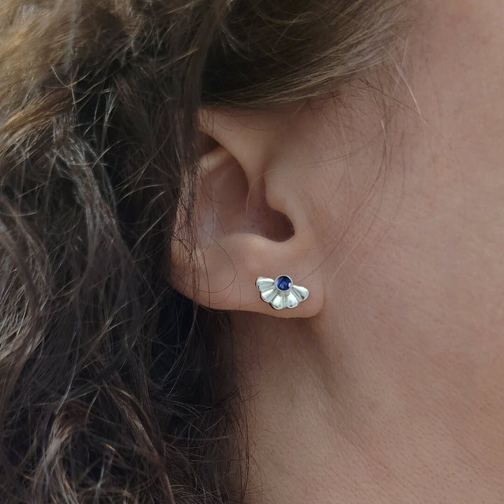 Art Deco Fan Sapphire Stud Earrings in Sterling Silver