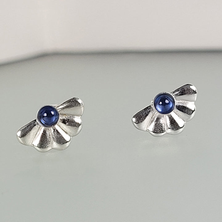 Art Deco Fan Sapphire Stud Earrings in Sterling Silver