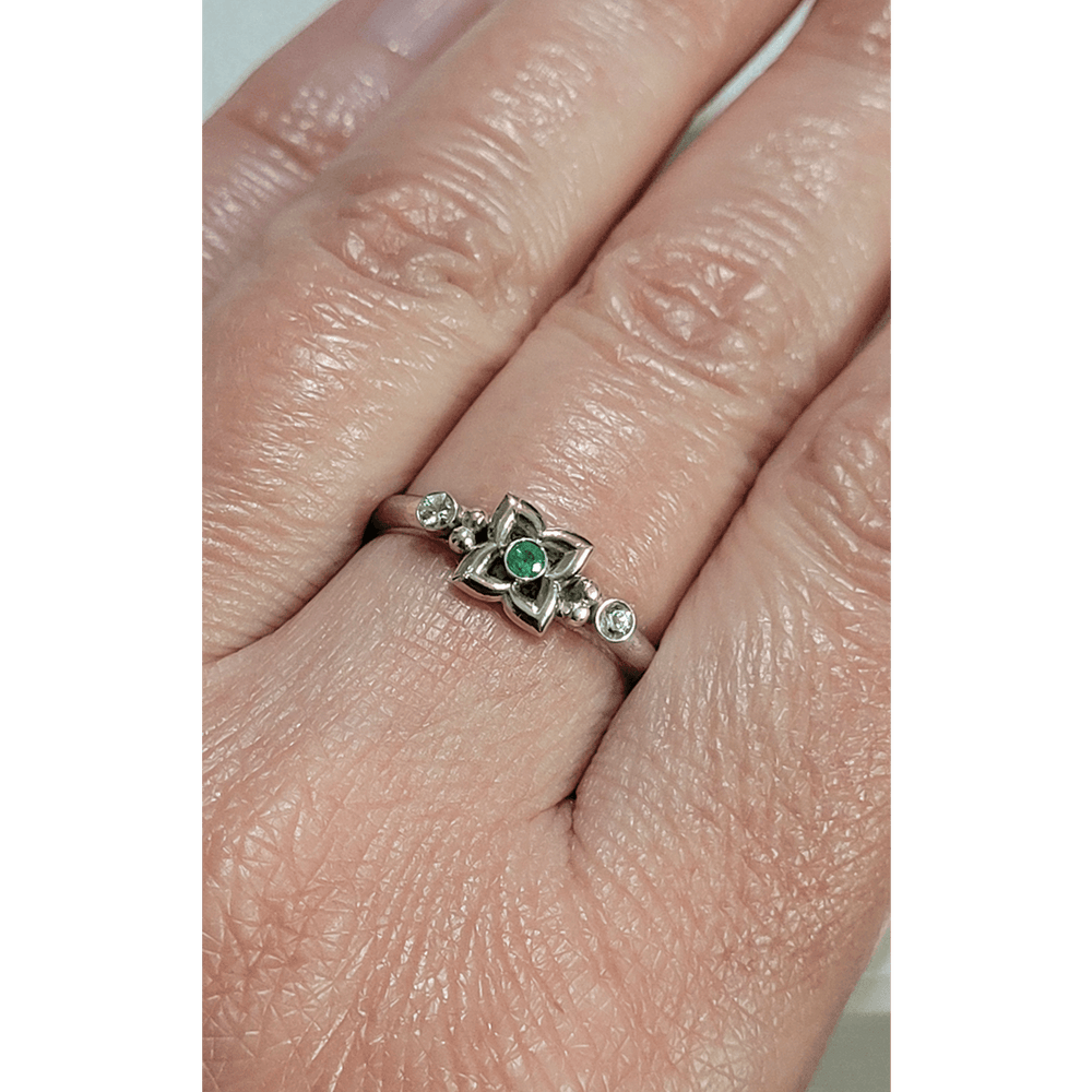 Art Deco Style White Sapphire and Emerald Ring in Sterling Silver