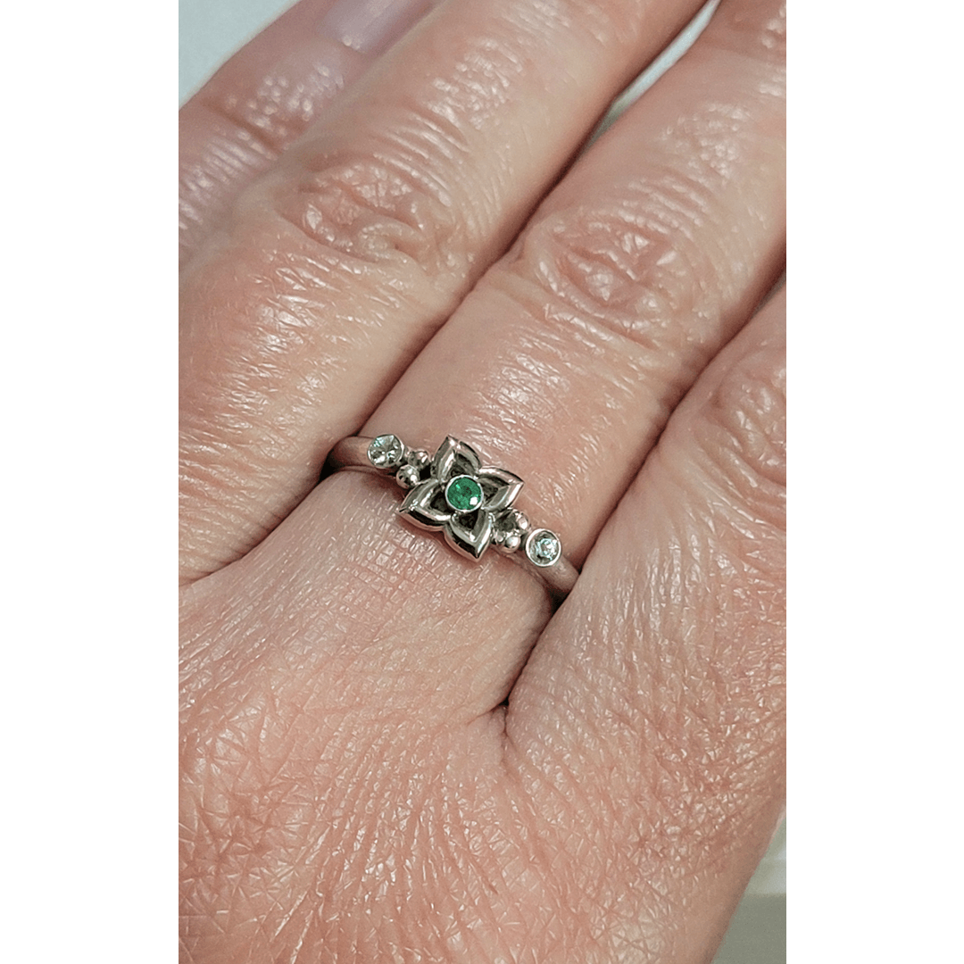 Art Deco Style White Sapphire and Emerald Ring in Sterling Silver