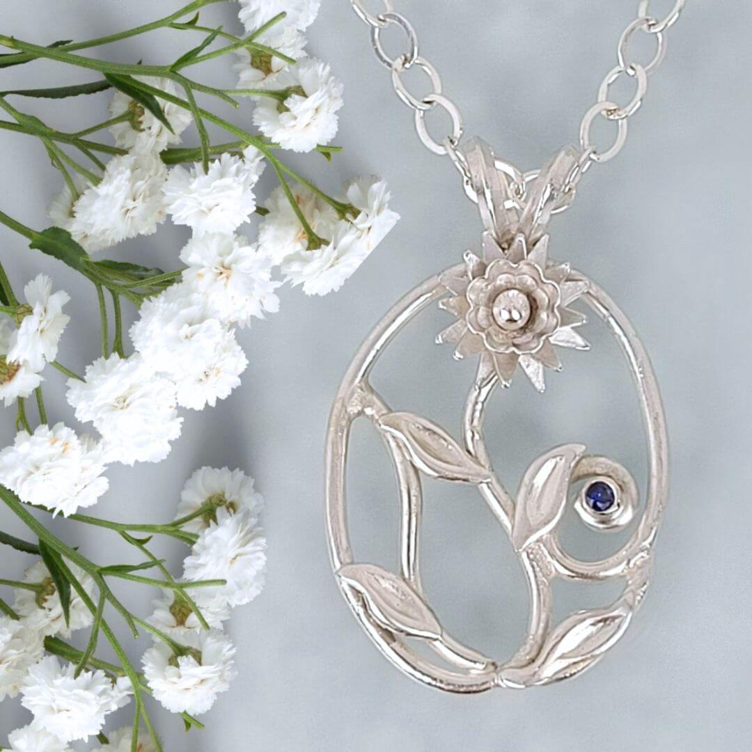 September birth flower sterling silver aster necklace with sapphire  