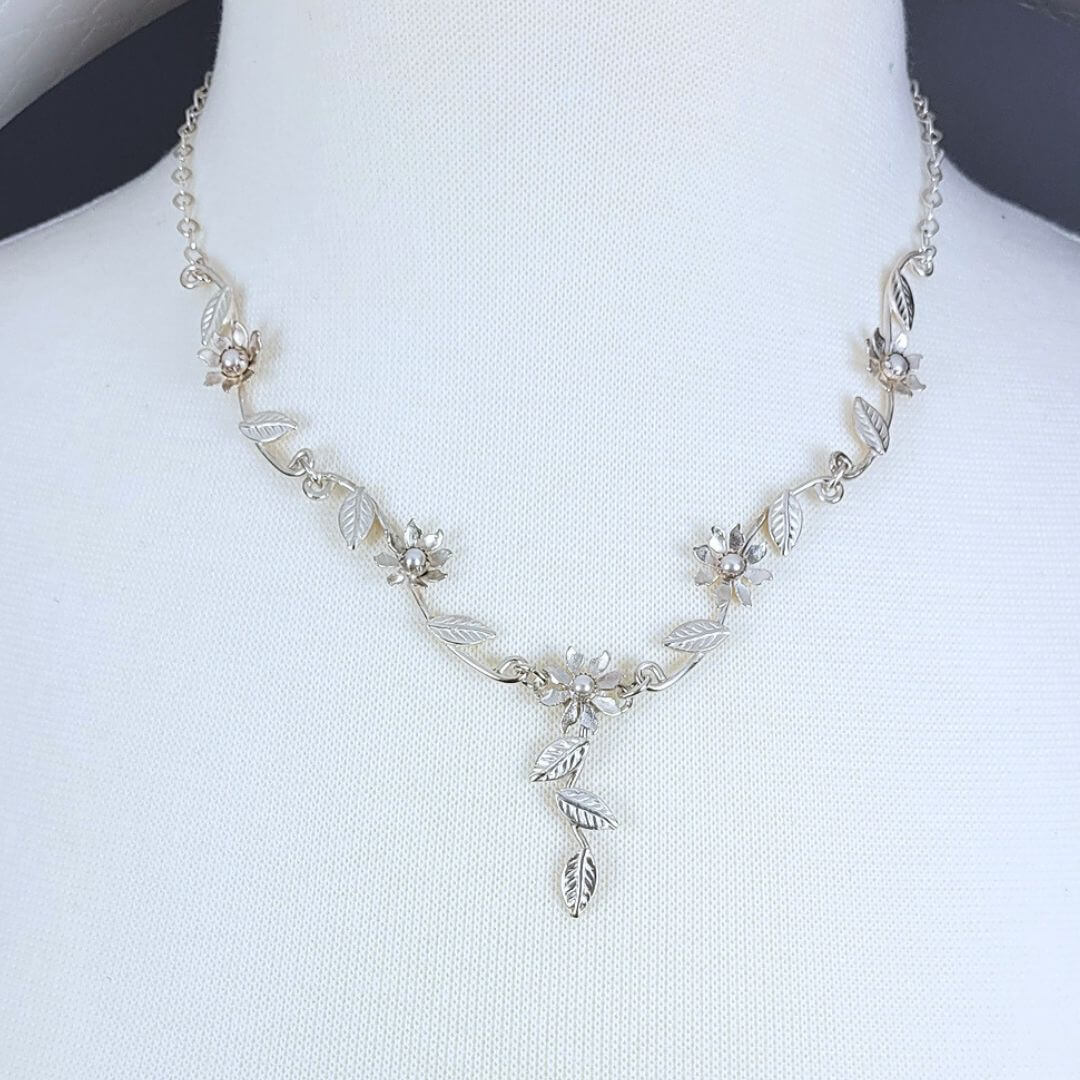 Cascading Wildflower Vine Necklace in Sterling Silver with Pearls for Bride