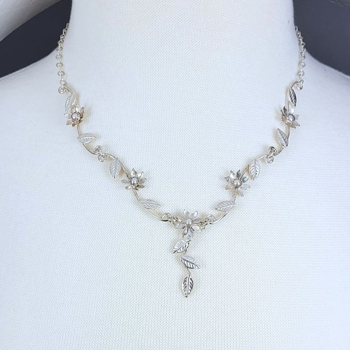 Cascading Wildflower Vine Necklace in Sterling Silver with Pearls for Bride