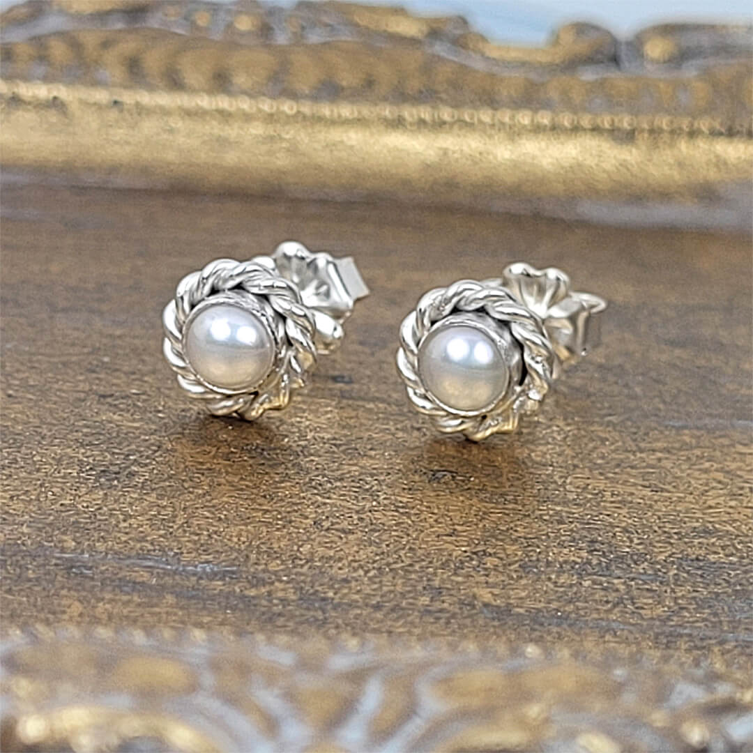 Small Pearl Stud Earrings in Sterling Silver, Vintage-Inspired