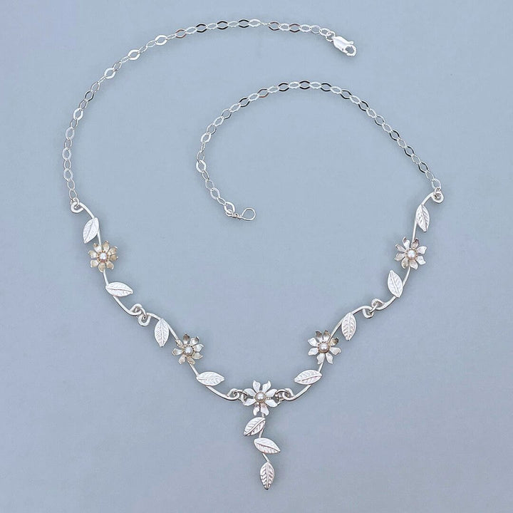 Cascading Wild Flower Vine Necklace in Sterling Silver with Pearls