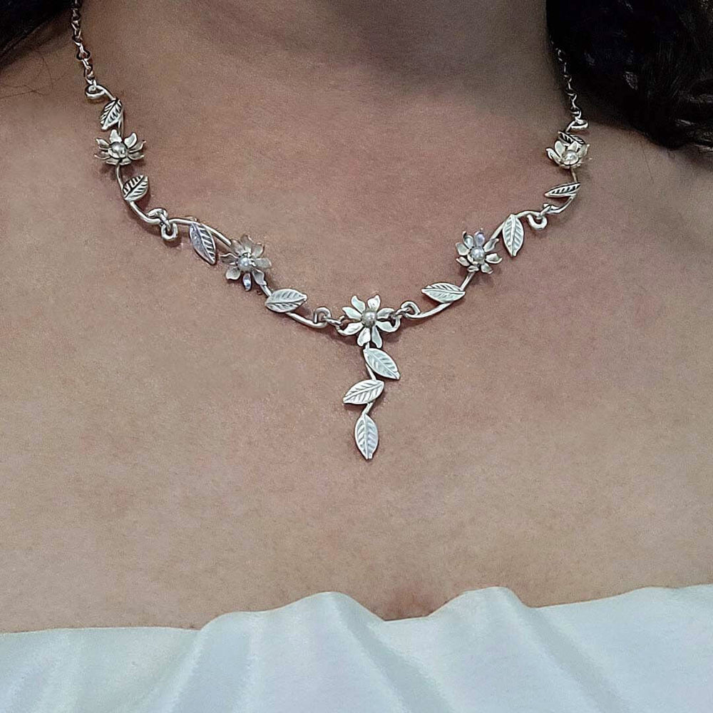 Cascading Wild Flower Vine Necklace in Sterling Silver with Pearls on model