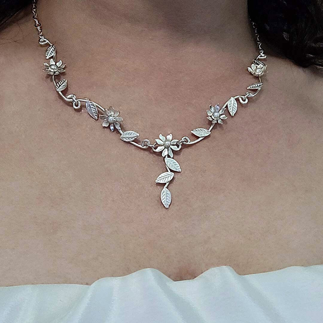 Cascading Wild Flower Vine Necklace in Sterling Silver with Pearls on model