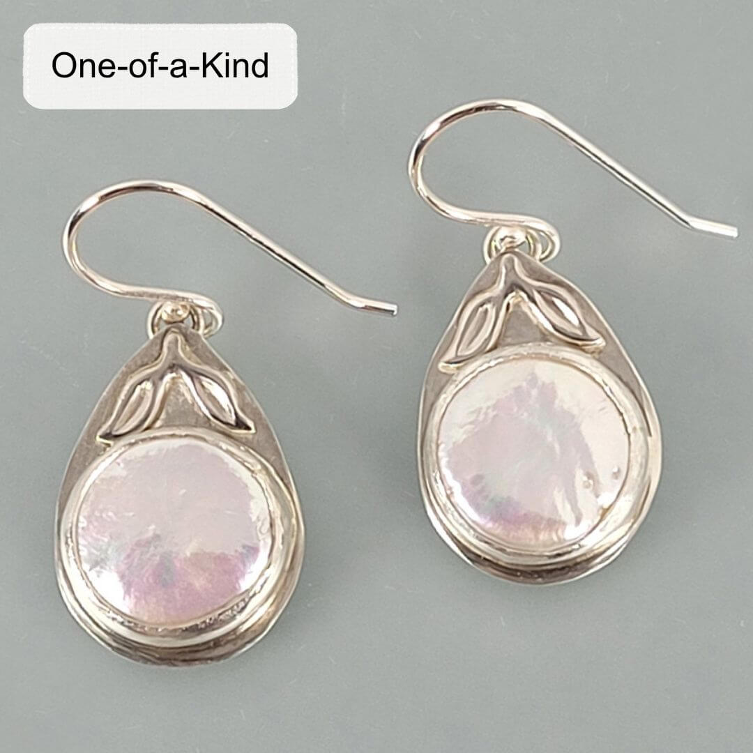 Large coin pearl drop earrings i n sterling silver with leaves