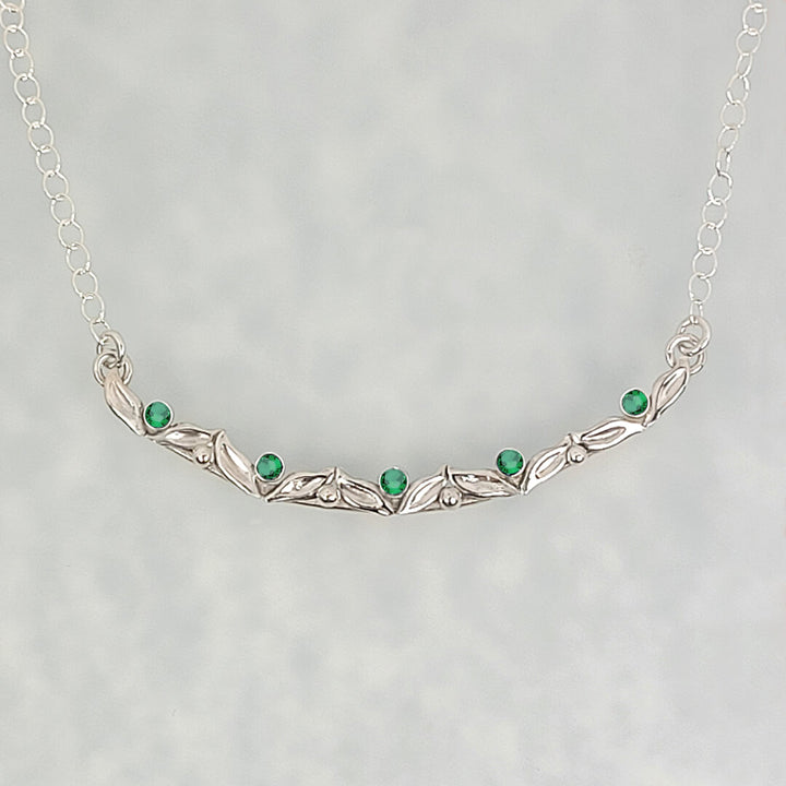 Curved Bar Vine and Leaf Necklace with Emerald in Sterling Silver