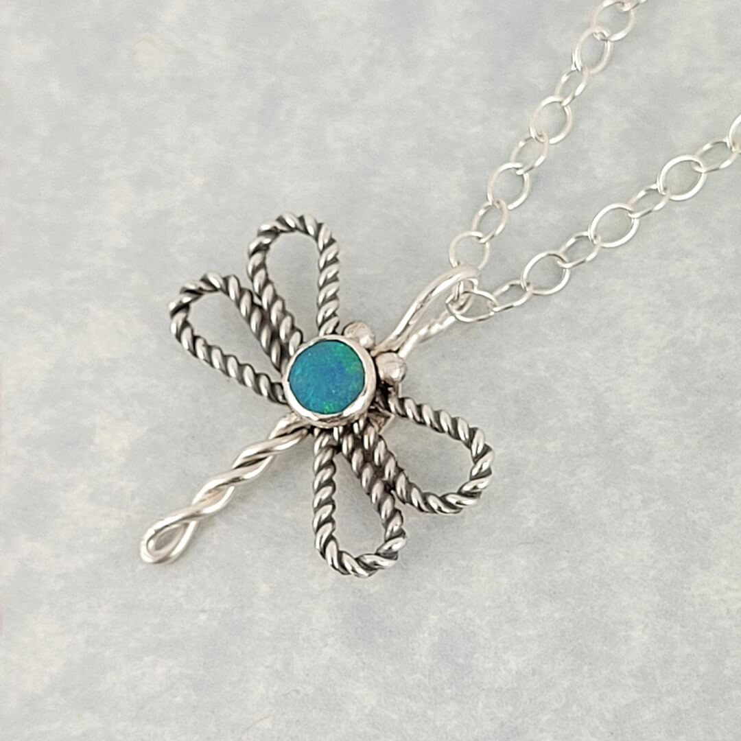 dragonfly necklace with opal in sterling silver