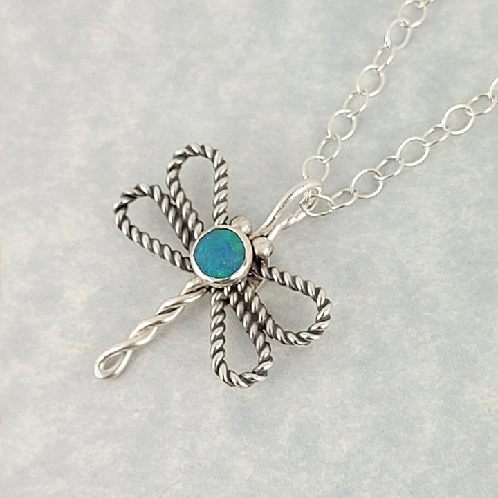 dragonfly necklace with opal in sterling silver
