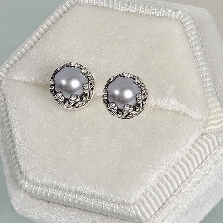 Vintage Style Gray Pearl Stud Earrings in Sterling Silver