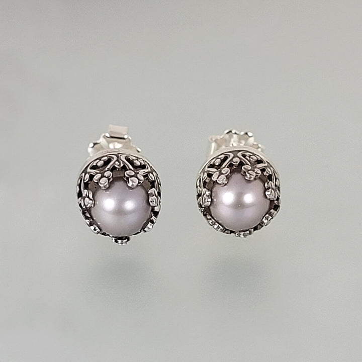Vintage Style Gray Pearl Stud Earrings in Sterling Silver