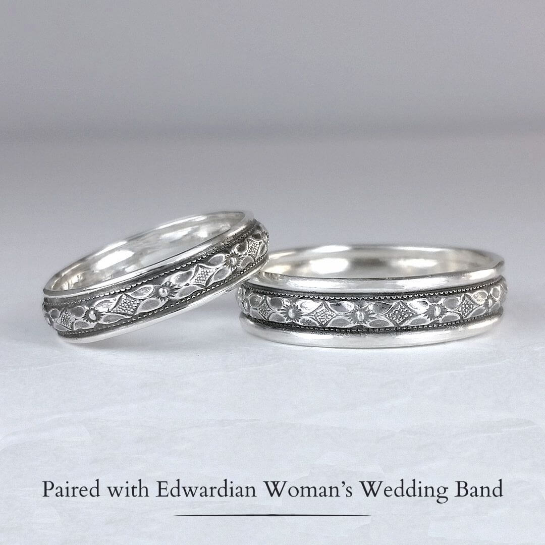 Edwardian-inspired vintage style his and hers wedding bands in sterling silver
