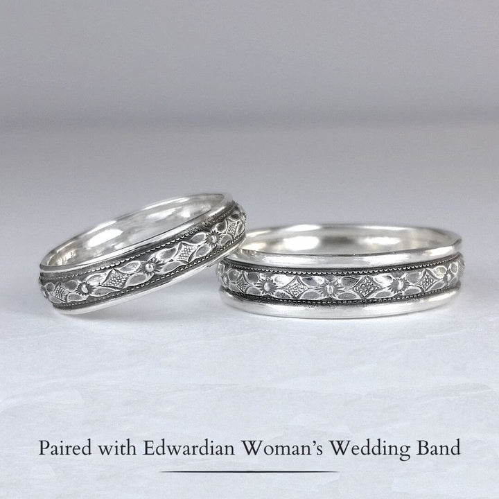 Edwardian-inspired vintage style his and hers wedding bands in sterling silver
