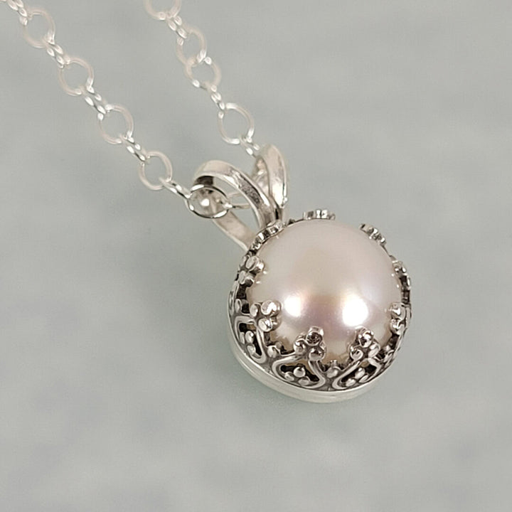 Edwardian Vintage-Inspired Pearl Pendant Necklace in Sterling Silver