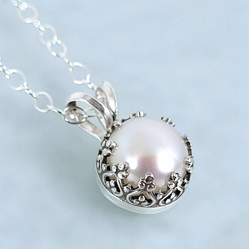 Edwardian Vintage-Inspired Pearl Pendant Necklace in Sterling Silver for Bride