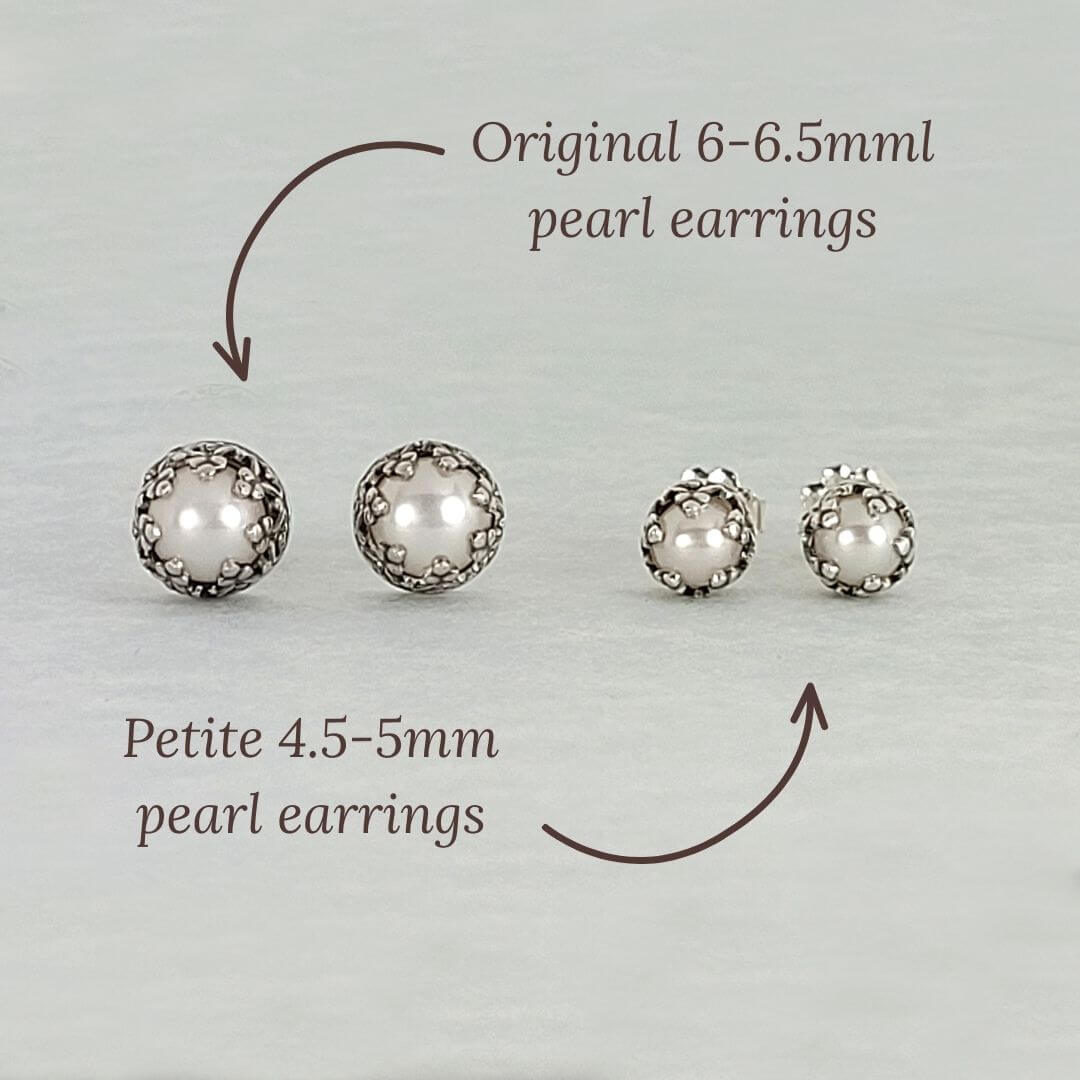 Comparison of original 6-6.5mm pearl stud earrings and petite 4.5-5mm pearl stud earrings