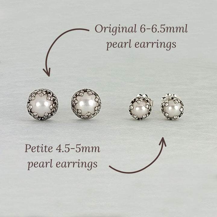 Comparison of original 6-6.5mm pearl stud earrings and petite 4.5-5mm pearl stud earrings