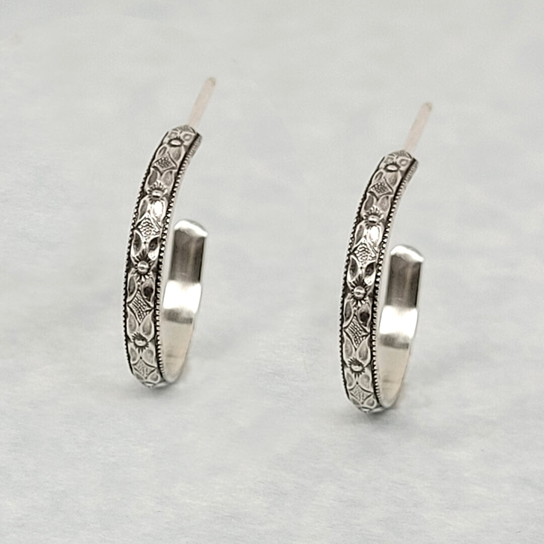Edwardian Style Floral Hoop Earrings in Sterling Silver