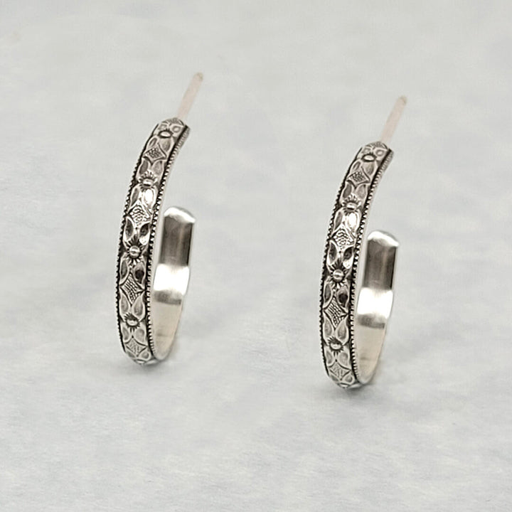 Edwardian Style Floral Hoop Earrings in Sterling Silver