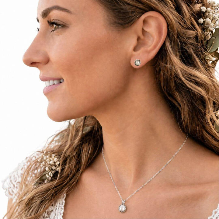 Model wearing Edwardian Petite Pearl Stud Earrings and matching Pearl Pendant Necklace 