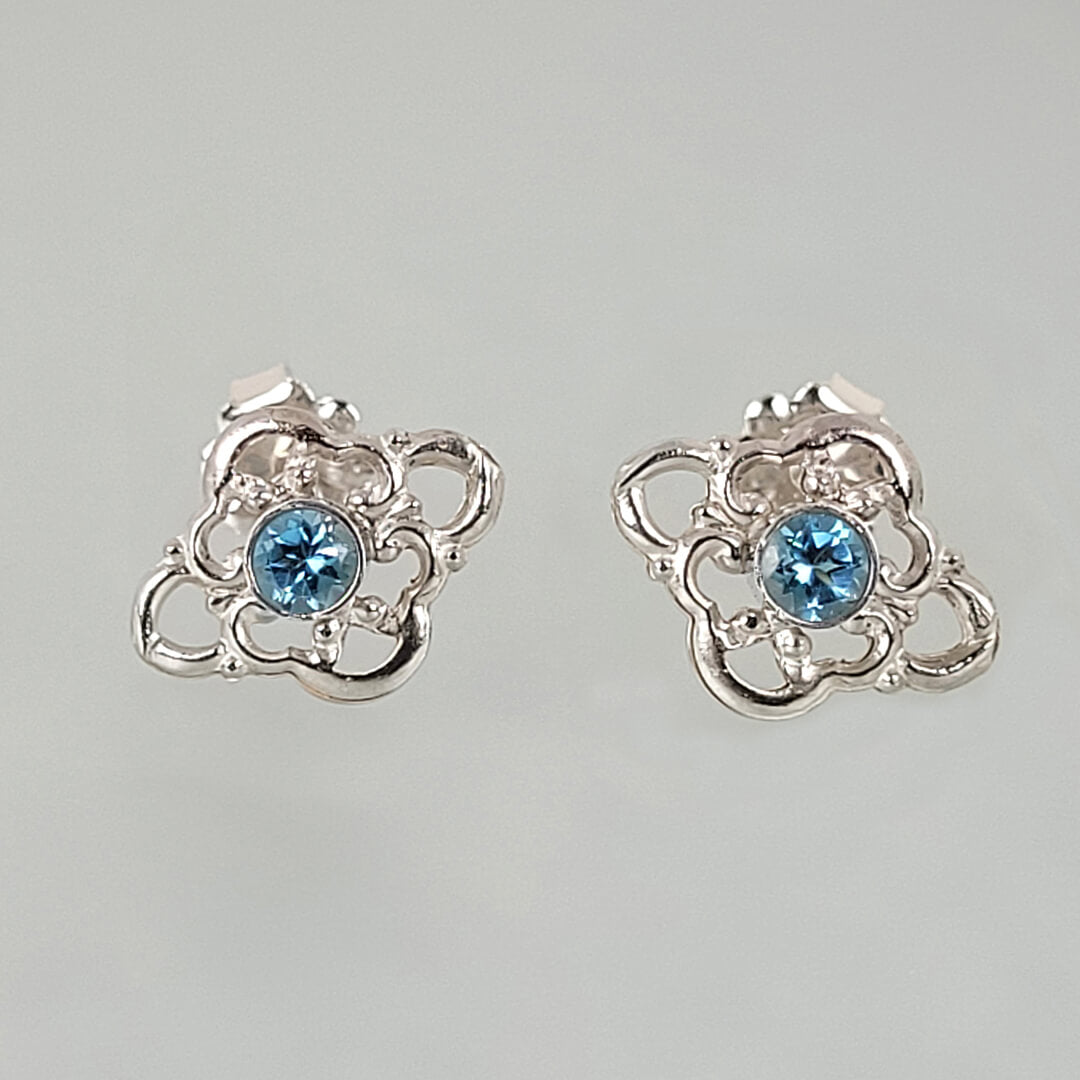 Filigree Blue Topaz Stud Earrings in Sterling Silver