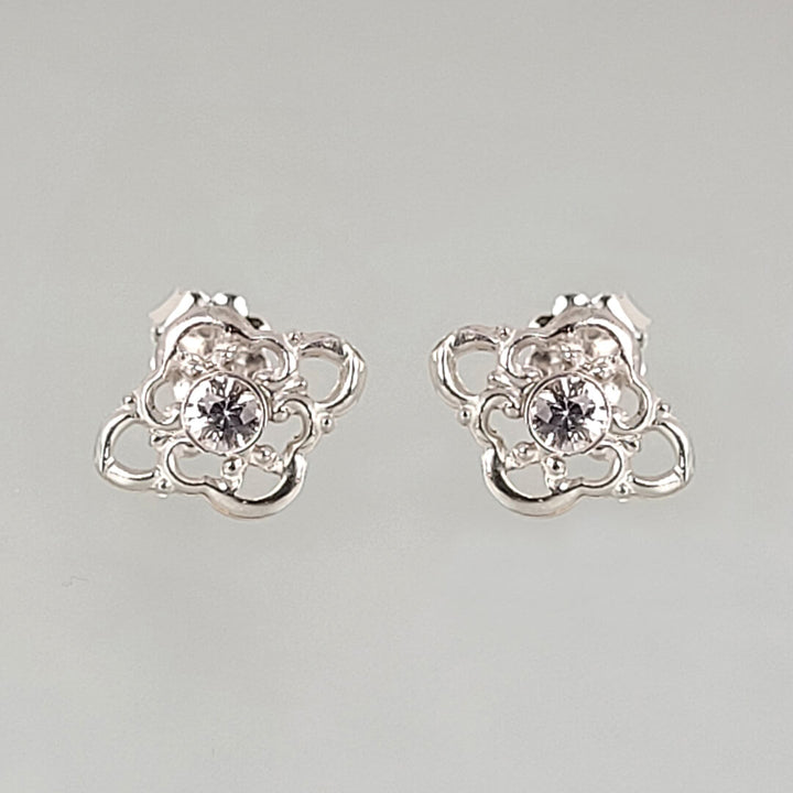 Filigree White Sapphire Stud Earrings in Sterling Silver