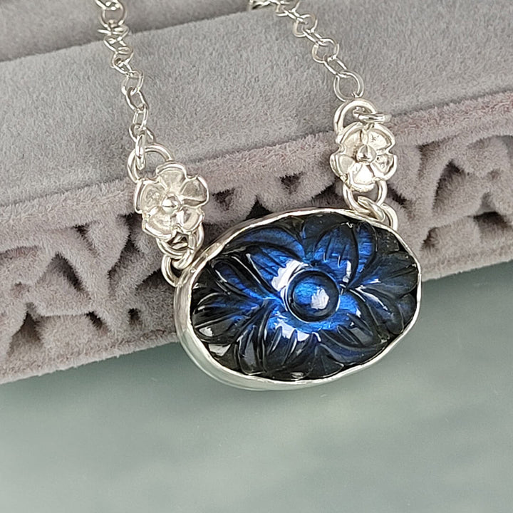 Midnight Flower Carved Labradorite Necklace in Sterling Silver