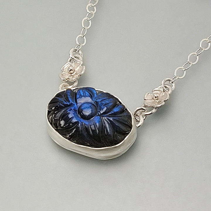 Midnight Flower Carved Labradorite Necklace in Sterling Silver