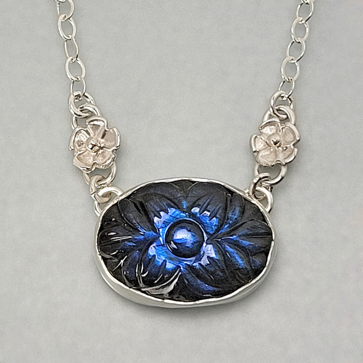 Midnight Flower Carved Labradorite Necklace in Sterling Silver